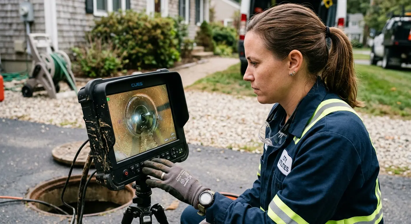 Technician reviewing sewer camera inspection footage in Arkadelphia