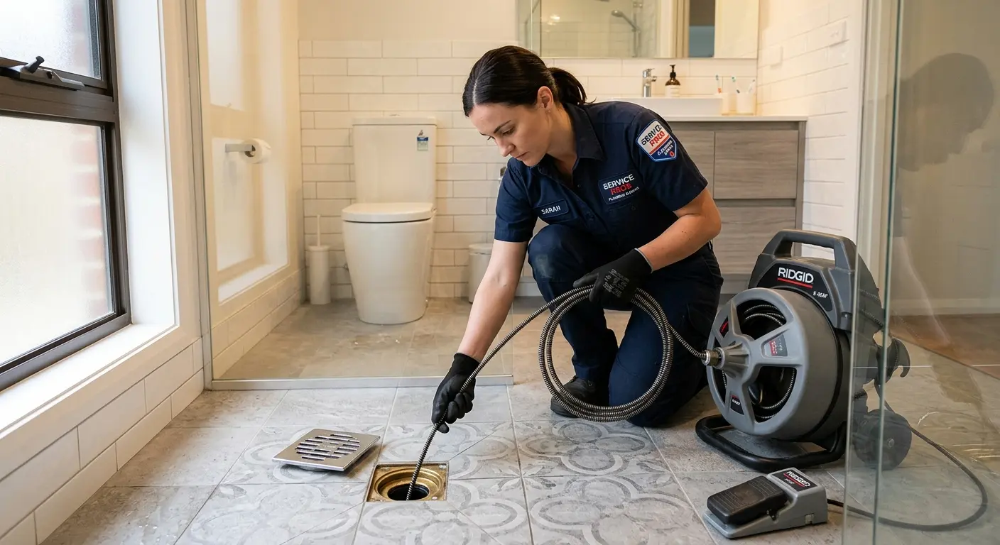 Technician clearing a bathroom floor drain for Drain Cleaning in Arkadelphia